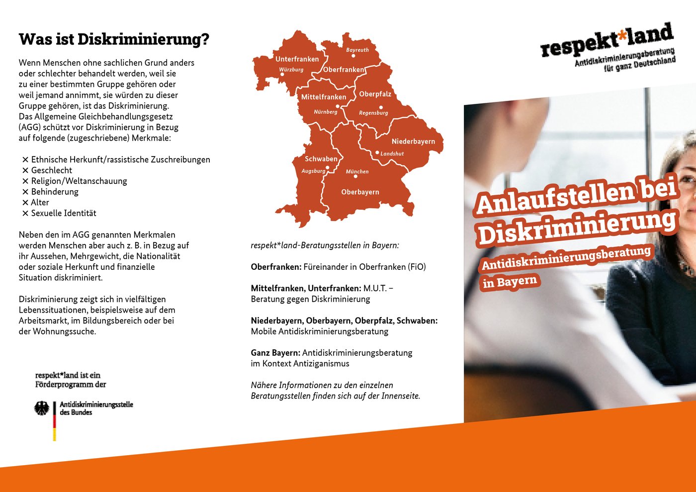 respekt*land bayern — Faltblatt mit Bayernkarte und Anlaufstellen bei Diskriminierung